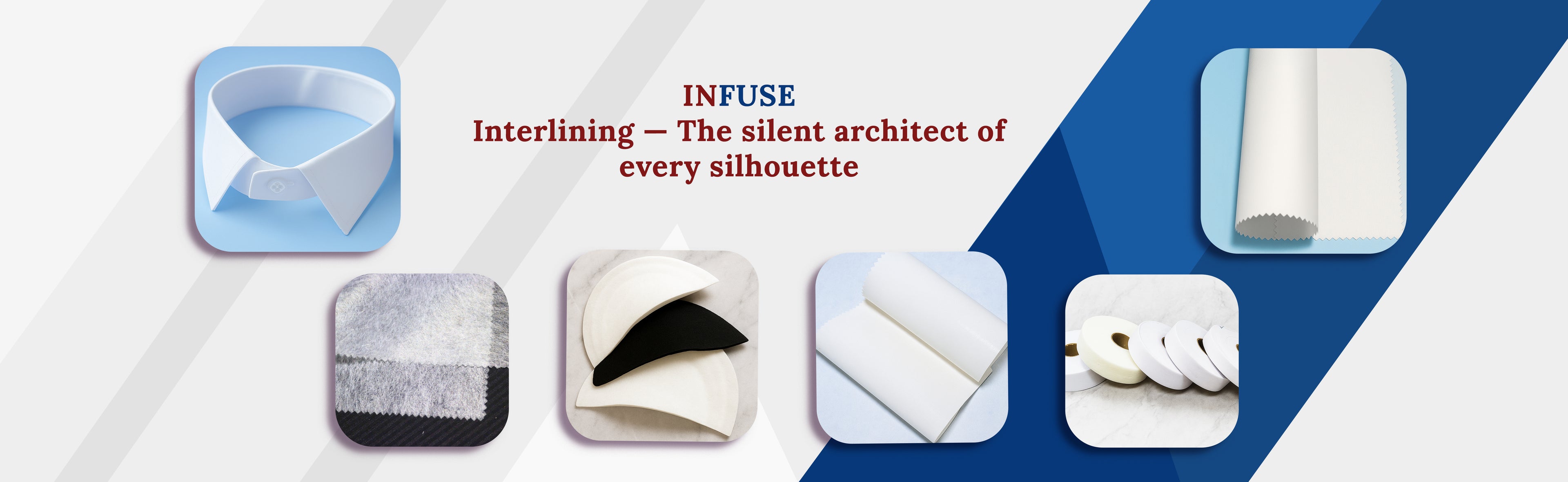 Promotional banner for INFUSE interlining with product images and text on a blue and white background.