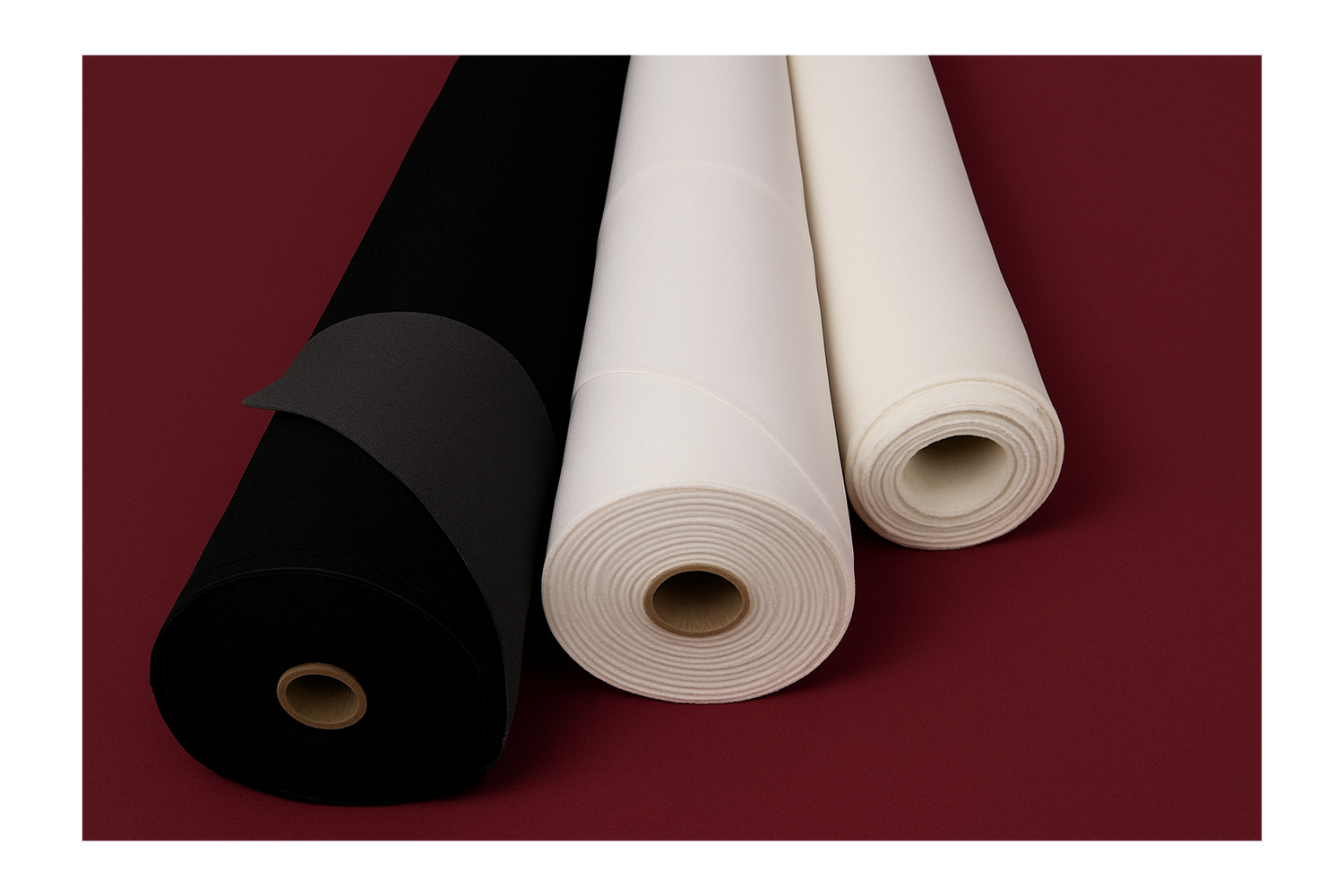 Three rolls of blazer interlining in black, white, and beige on a red background