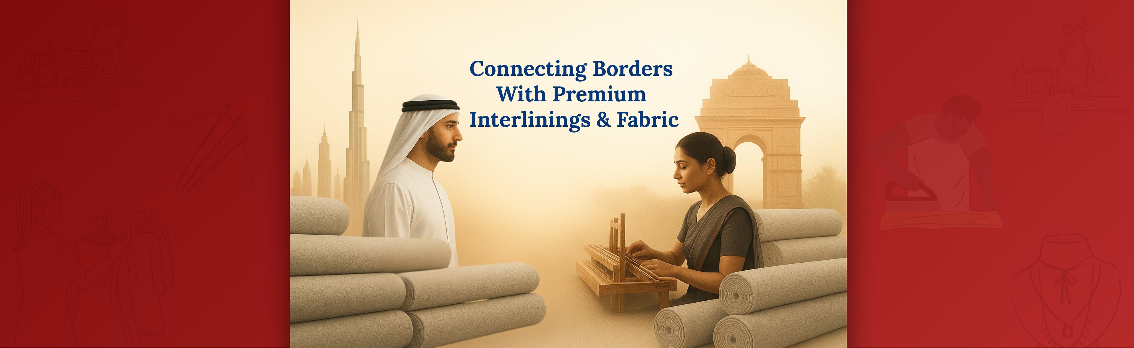 Two people sitting on a bench with text about interlinings and fabric.