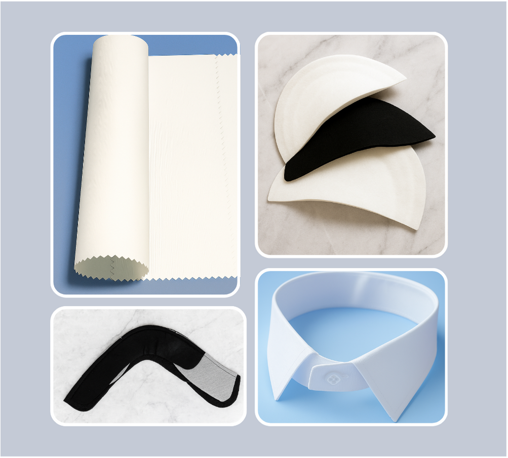 Collage of a shirt interlining, shoulder pads, black sleevehead and white pre-cut collar