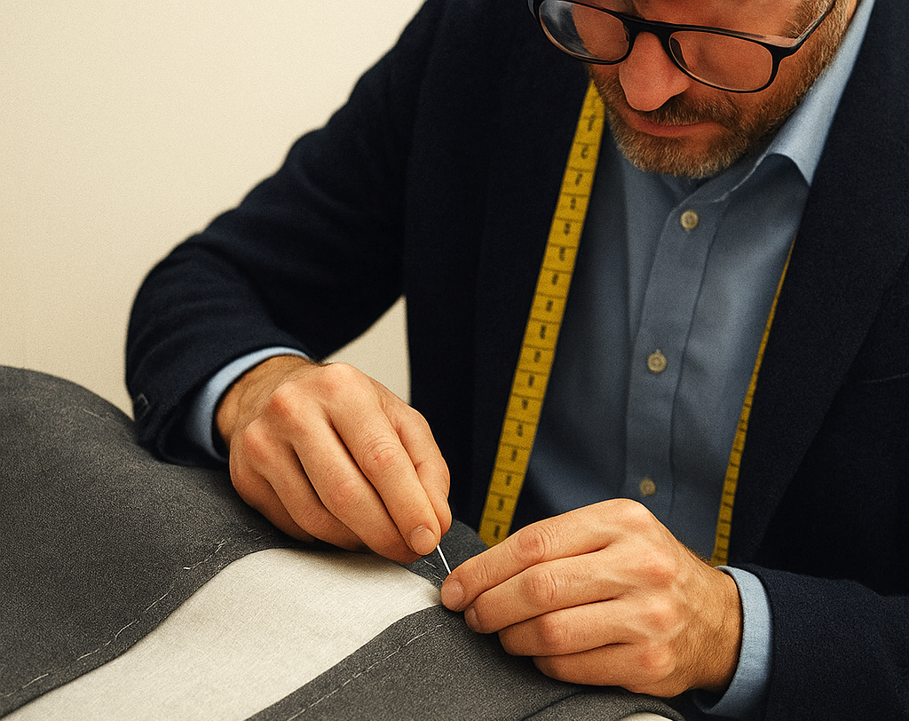 man sewing interlinings in fabric