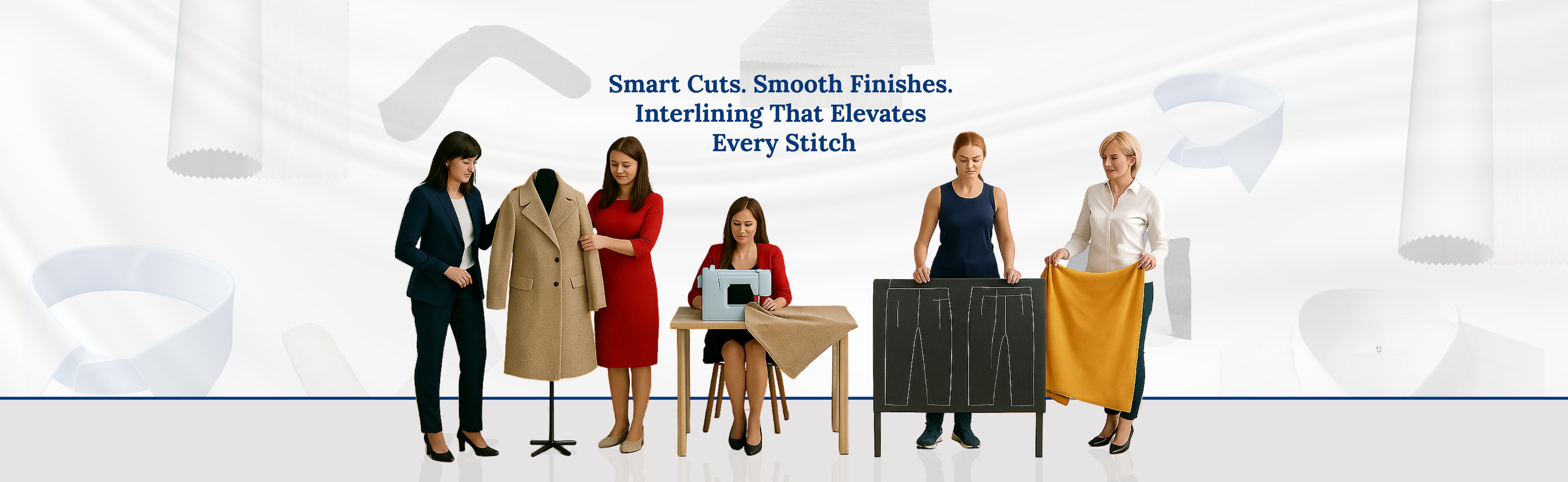People standing with fabric samples and a table in a promotional setting for smart cuts and interlining.