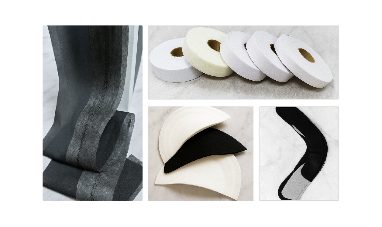 collage of armhole tape, shoulder pads, sleeveheads, and belt coils